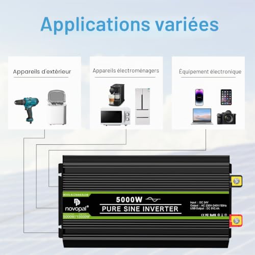 NOVOPAL Pure Sine Converter 5000W 10000W Inverter 24V 220V | 5 m Remote Control with Error Codes, 2 EU Sockets, LCD Screen, for Car, Caravan, Boat, Camping, Travel
