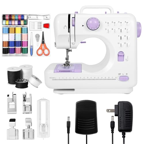 Buvnatep Beginner Sewing Machine with 12 Stitch Patterns, Adjustable 2-Speed Control, Foot Pedal & LED Light, 32-Color Thread Set, Portable Mini Electric Sewing Kit for Home Projects, Kids & Adults