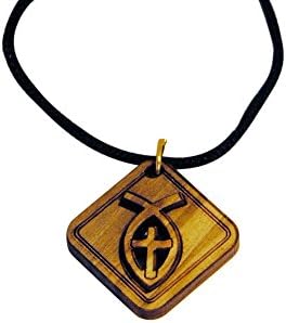 Authentic Olive Wood Ichthys Jesus Fish Cross Pendant - One Size Fits All Necklace