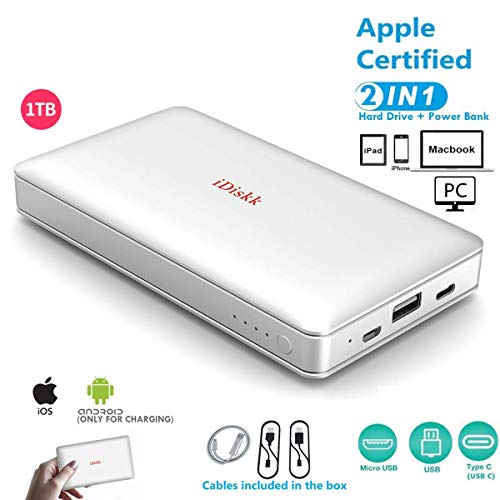 1000GB (1TB) Hard Drive External Storage for iPhone 11 Pro/6/7/8,X,XR,XS MAX,New iPad Pro MacBook Windows PC,USB USB C Data Photos Backup Flash Drive (APP Management for iOS 13),iDiskk MFi Certified