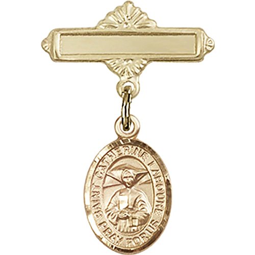 14kt Yellow Gold Baby Badge with St. Catherine Laboure Charm and Polished Badge Pin 1 X 5/8 inches