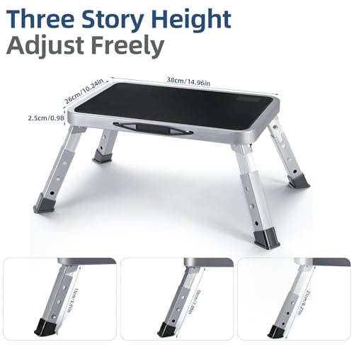 Folding Steel Stool, Portable Folding Stool with Non-Slip Thick Rubber Step, 150 kg Load-bearing, 3 Steps Folding Ladder for Camper, Kitchen, Office