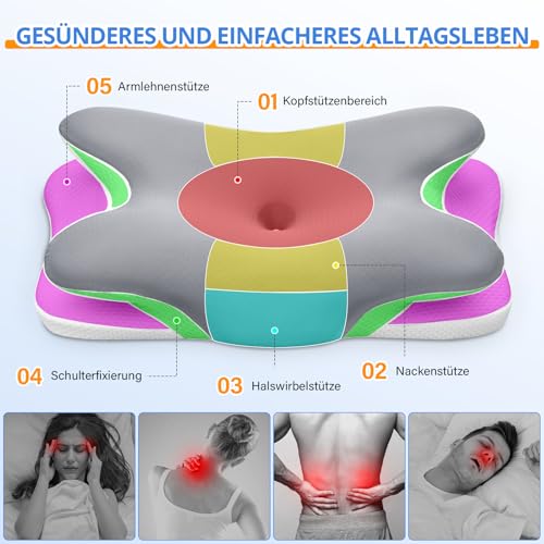 Ehomfory Neck Pillow, Neck Support Pillow, Memory Foam Pillow, Ergonomic Side Sleeper Pillow for Sides, Back and Stomach Sleepers, 67 x 37 x 9/12 cm