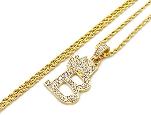 Fashion 21 Unisex Small Size Pave Crown Tilted Initial Alphabet Letter B Pendant Various Chain Necklace in Gold Tone