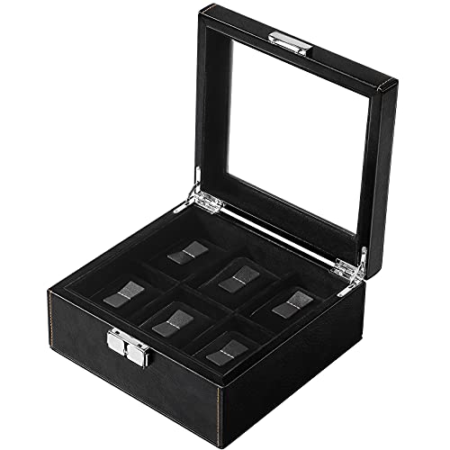BareTulip Watch Box Organizer for Men Watch Case Holder 6 Slot Watch Box Pu Leather Watch Display with Glass Window and Lock Black+Black