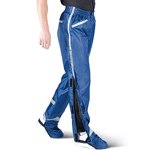 HYDROSHIELD Regenhose, recyceltes PET, Schuhschutz, seitlicher Reißverschluss, Fahrrad, Damen, Herren, Unisex, Wasserdicht, Regen, Gamaschen, Reflektor, Blau – Jetzt die Umwelt schützen! Blau XL&XXL