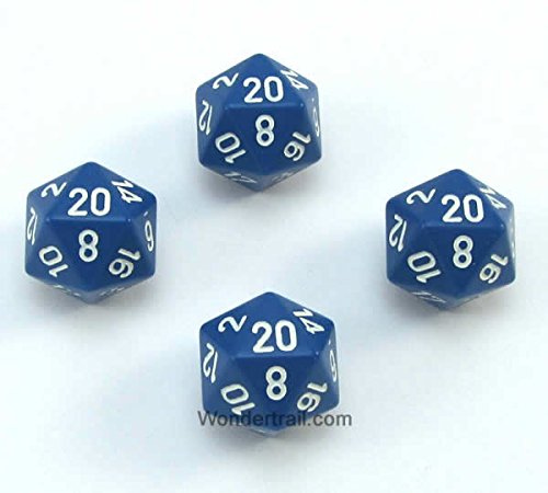 WKP02814E4 Blue Opaque Dice with White Numbers D20 16mm (5/8in) Pack of 4 Dice Koplow Games