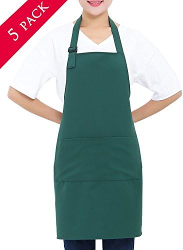 5 Set Christmas Green Professional Waterdrop Resistant Adjustable Extra Long Bib Apron 3 Pockets Home Kitchen Garden Restaurant Cafe Bar Pub Bakery for Cooking Chef Baker Servers Craft Unisex