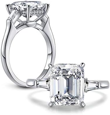 Erllo Emerald Cut Ring Baguette 3 Stones 4 Carat Cubic Zirconia CZ Engagement Sterling Silver Band Jewelry