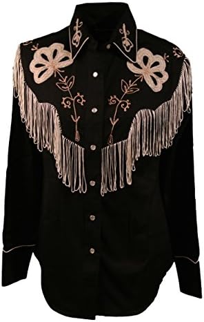 Rockmount Women's Vintage Western Embroidered Fringe Snap Shirt, Large, Black