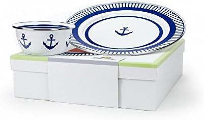 Golden Rabbit Enamelware, Eden Roc Anchor Nautical Dip Set, 2-piece giftboxed set includes 12½ inch Charger & 3 cup Salad Bowl, 13½ x 13½ x 4 inch gift box
