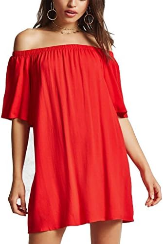 Tsher Women's Solid Color Short Sleeve Summer Casual Loose Off Shoulder Mini Dress 0023 (Red, M)