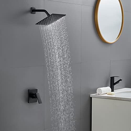 POPFLY Black Shower Only Faucet Set with Square Shower Head,Single