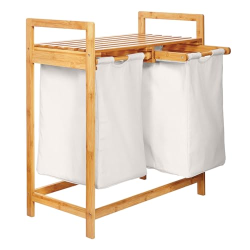 cesto de ropa sucia de bambú con 2 bolsas de ropa sucia extensibles | Tamaño aprox. 73 cm de alto x 64 cm de ancho x 33 cm de profundidad [Blanco]