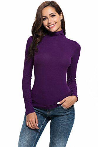 Womens Long Sleeve/Sleeveless Slim Fit Mock Turtleneck Stretch Comfy Basic T Shirt Layer Top Purple