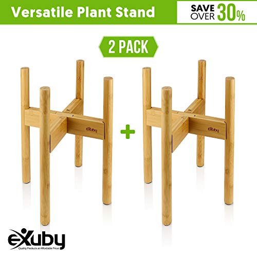 eXuby - 2-Pack Adjustable Wooden Plant Stands Indoor & Outdoor - Bamboo Construction in Mid-Century Design - Fits Pots 8.5" to 11.5" Wide - Adjustable Height - 4 Floor Protectors - Pot Not Included - Thumbnail 2