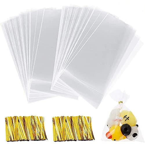 100 Clear OPP Bags with Twist Ties - Plastic Cookie & Candy Bags (8 x 12 cm)