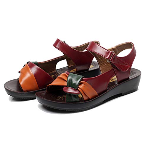 Dressin Women Leather Sandals Womens Fashion Bow Summer Shoes Low Wedges Heel Shoes Ultra Comfy Flats Sandal