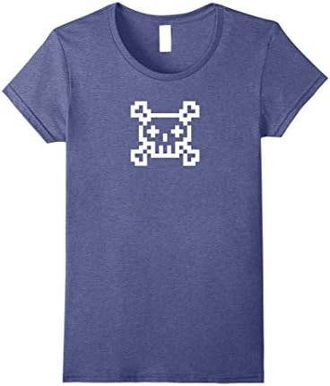 Womens 8 Bit Video Game Skull &amp; Crossbones Shirt Large Heather Blue