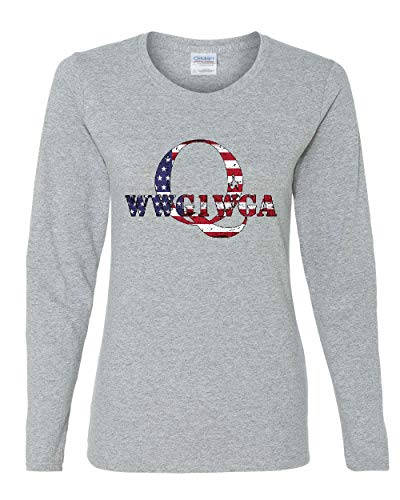 Q ANON WWG1WGA Stars and Stripes Women's Long Sleeve Tee Where We Go 1 We Go All Gray L