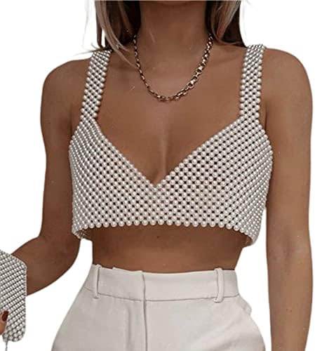 Fabumily Women's Sexy Pearls Beaded Tank Top Body Chain Bra