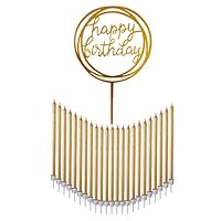 24 Count Tall Thin Metallic Gold Slow Burning Birthday Candles in Holders with Matching Elegant Classy Cake Topper for Special Custom Birthday Cake Decorations by Dream VZN