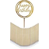 24 Count Tall Thin Metallic Gold Slow Burning Birthday Candles in Holders with Matching Elegant Classy Cake Topper for Special Custom Birthday Cake Decorations by Dream VZN