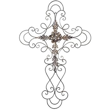 Adeco Black Scrolled Flower Cross Metal Wall Decor - Art Oblong Living Room Home Decoration - 27.5x18 Inches