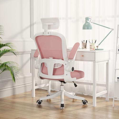 MOZOGOT Ergonomic Office Chair with Lumbar Support & Headrest & Flip-up Arms Height Adjustable Rocking Home Office Desk Chairs for Teens and Adults (Pink Mesh)