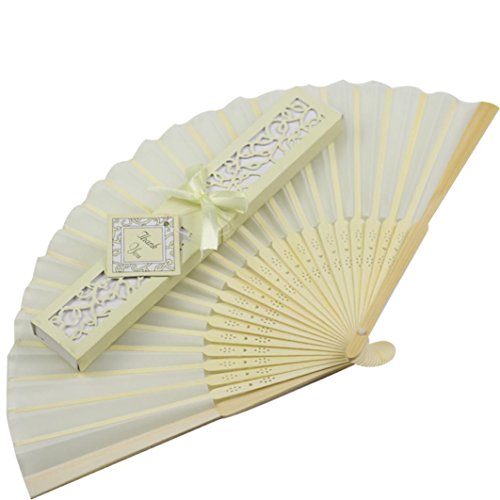 Luweki 1PC Silk Fold hand Fan Elegant Laser-Cut Gift Box Party wedding Gifts (Beige)