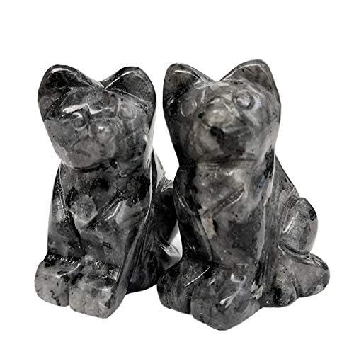 Manekieko 2 Pcs Natural Black Labradorite Pocket Carved Lucky Cat Crystals and Healing Stones Figurines Collectibles,38mm Room Decor Gemstone