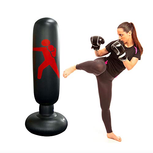 Gemgo Punch Bag 160cm, Inflatable Free-Standing Fitness Target Stand Tower Bag, MMA Boxing Punching Kick Training Tumbler Bop Bag for Relieving Pressure Body Building (Black-C)