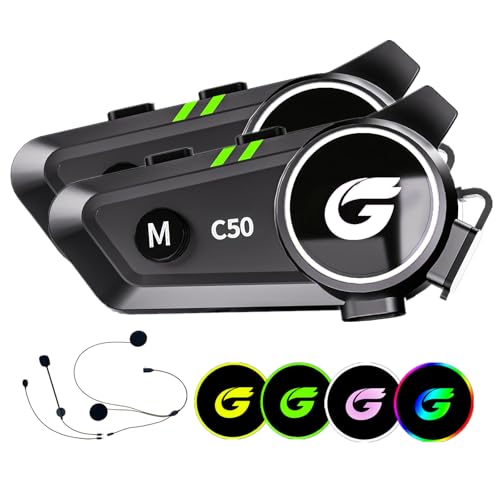 Motorcycle Helmet Bluetooth Headset with Stereo Sound, C50 2-Way 1000M Communication System Intercom Speakers with CVC Noise Cancellation, Music Call Control, IP67 Waterproof for Most Helmets (2 Pack)