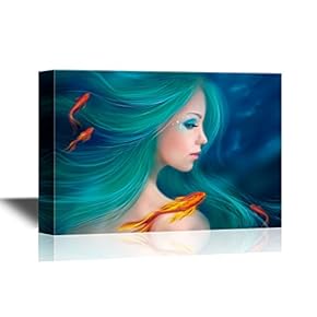 Canvas Wall Art - Mermaid with Blue Hairs - Gallery Wrap Modern Home Art | Ready to Hang - 12x18 inches