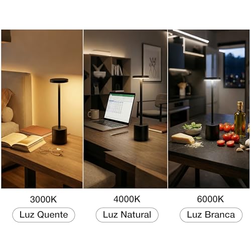 Luminária de Mesa LED Recarregável Na Cor Preto com Três Modos de Luz Dimerizáveis, Ideal para Salas de Jantar, Varandas, Áreas Externas, Quartos E Outros Ambientes