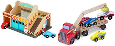 Melissa & Doug Magnetic Car Loader Wooden Toy Set with 4 Cars and 1 Semi-Trailer Truck Service Station Parking Garage with 2 Wooden Cars and Drive-Thru Car Wash