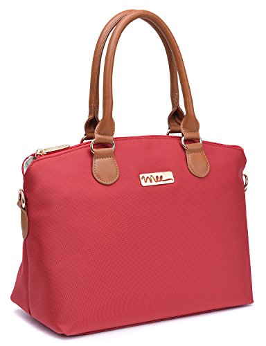 NNEE Water Resistance Nylon Top Handle Satchel Handbag with Multiple Pocket Design - Red