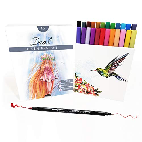 Dual Tip Brush Pen Marker Set - 24 Colors - Flexible Brush & Fineliner Tips - Watercolor Effects - Markers perfect for Adult Coloring Books, Manga, Calligraphy, Hand Lettering, Bullet Journal Pens