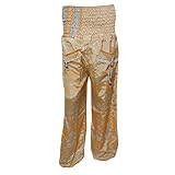 WOMEN Harem Pant Orange/Beige Printed Yoga Vintage Silk Sari Pants