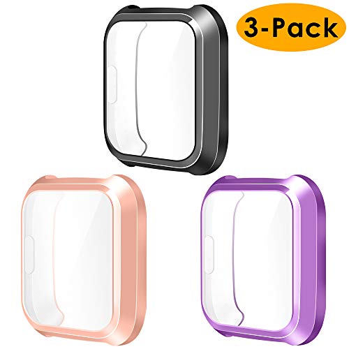 NANW Compatible Fitbit Versa Lite Edition Screen Protector Case Cover (3-Pack), All-Around Screen Protective Screen Case Bumper Cover Saver Soft TPU Plated Case Compatible