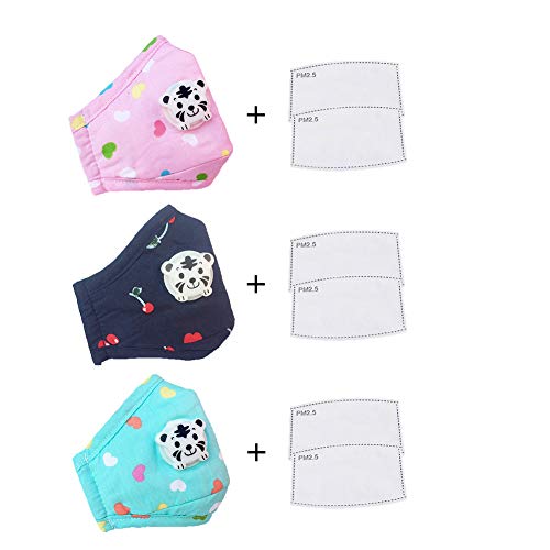 CHUANGLI 3 Pack Cute Kids Anti PM 2.5 Pollen Dust Mask Washable Cotton N95 Masks with Valve Replaceable Filter