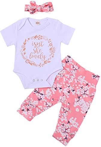 xiaoming Newborn Baby Lovely Pink Floral Pants Set Outfits Bodysuit 3-Piece Set For Toddler 6-12 M, Pink