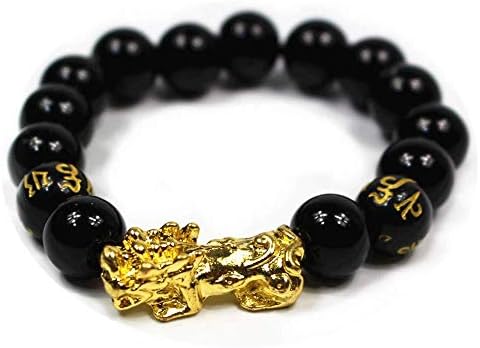 YLFW Porsperity Black 12mm Bead Bracelet With Golden Pi Xiu/Pi Yao Attract Wealth And Good Luck