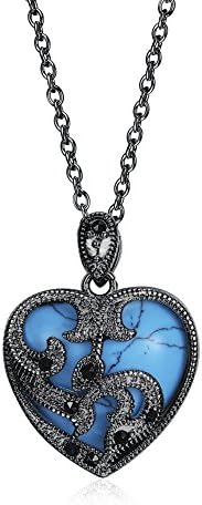 Classic Blue Turquoise Heart Filigree Wave Black CZ Pendant Necklace For Women Girl Black Color