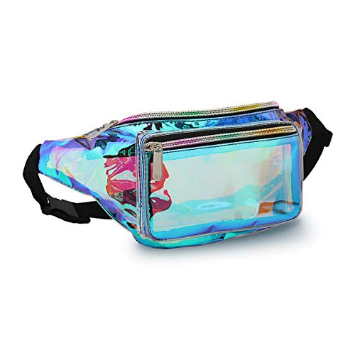 Holographic Fanny Pack for Women - Waist Fanny Pack with Adjustable Belt for Rave, Festival, Travel, Party (Clear Blue)