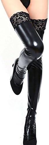 Women's Sexy Synthetic Leather Over-Knee Thigh-High Stockings Stay-Up Tights with Lace Edge (Black)