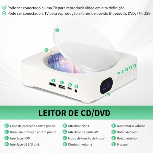 100-220V, Leitor de CD/DVD Multifuncional, CD Player Portatil, Suporta Saída HDMI HD 1080P, DVD Player HDMI, Alto-Falantes Integrados