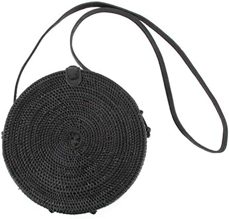 Round Leather Clip Woven/w Genuine-Leather Strap Summer Beach Handbag