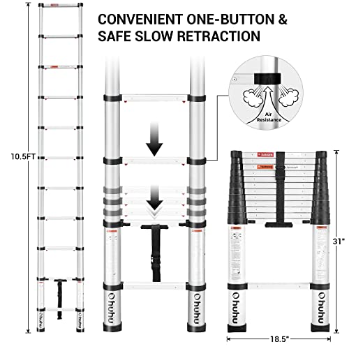 Ohuhu 10.5 FT Aluminum Telescoping Ladder, ANSI Certified OneButton