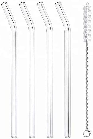 Starfish Glass Straws Clear Bent 9" x 9mm Made in the USA - Reusable Straws for Smoothies, Tea, Juice, Water - 4 Pack with Cleaning Brush